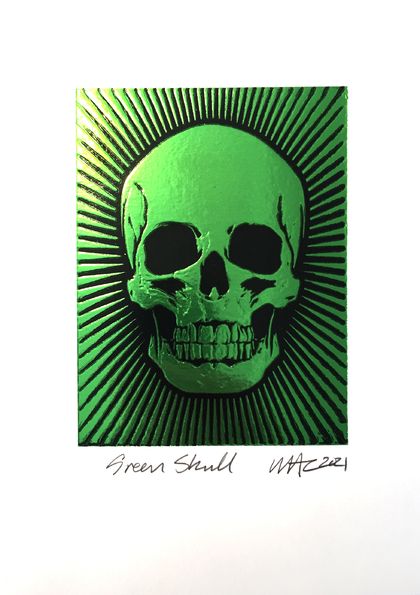 Green Foil Skull - Lino Print 